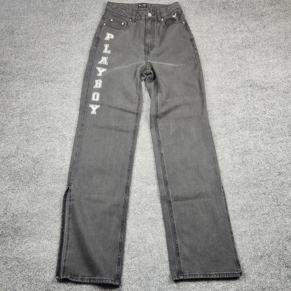 Playboy by PacSun Womens Washed Black Straight Leg Slit Hem Logo Jeans Size 26